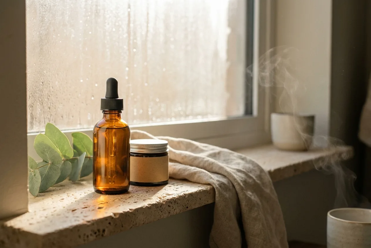 A frosted glass serum bottle on a stone ledge with eucalyptus